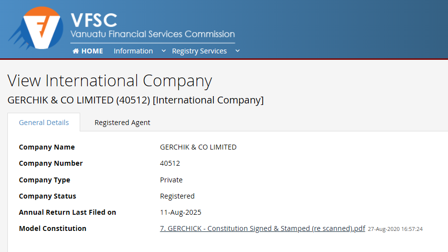 The commission's corporate registry lists company 40512 as a private International Company with its constitution filed in August 2020